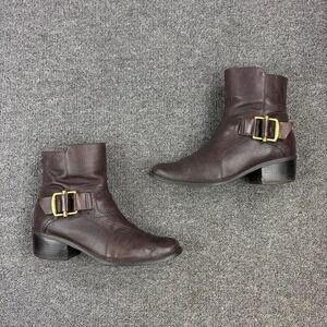 Nine‎ West Brown Leather Buckle Back Zip Short Campus Heel Ankle Boots Size 8.5